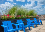 Thumbnail 31 of 37 - a row of blue chairs in front of flowers on a roof