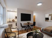 Thumbnail 31 of 35 - A modern living room with a television, a dining table, and chairs.
