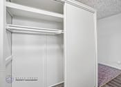 Thumbnail 18 of 18 - A white closet with a shelf and a purple rug on the floor.