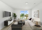 Thumbnail 6 of 33 - A modern living room with a large window and a flat screen TV mounted on the wall.