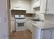 Thumbnail 1 of 6 - A kitchen with a stove, sink and cabinets.
