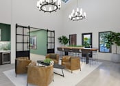 Thumbnail 24 of 37 - A modern living room with a glass partition wall and a dining area.