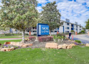 Thumbnail 1 of 36 - a blue sign that says sky love in the middle of a grassy area with trees and