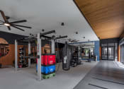 Thumbnail 9 of 22 - a home gym with a red and blue machine in the middle of the room