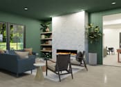 Thumbnail 25 of 37 - A living room with a fireplace and a couch.