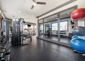 Thumbnail 19 of 29 - A gym with a variety of equipment including a treadmill, weights, and exercise balls.