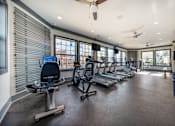 Thumbnail 20 of 29 - A gym with treadmills, elliptical machines, and a fan.