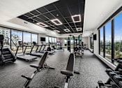 Thumbnail 24 of 26 - A gym with treadmills, weights, and exercise machines.