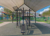 Thumbnail 21 of 29 - a playground with a swing set and climbing equipment in a park