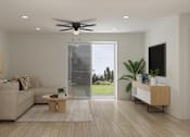 Thumbnail 2 of 19 - A modern living room with a beige sofa, a coffee table, a ceiling fan, and a large window.