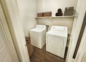 Thumbnail 32 of 35 - A small laundry room with a washer and dryer.