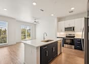 Thumbnail 44 of 57 - A modern kitchen with dark blue cabinets and stainless steel appliances.