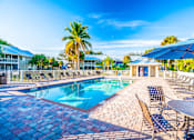 Thumbnail 12 of 42 - A pool surrounded by chairs and umbrellas with a building in the background.