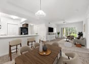 Thumbnail 20 of 33 - A modern living room with a wooden dining table and chairs.