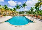 Thumbnail 16 of 33 - A large swimming pool surrounded by palm trees and lounge chairs.