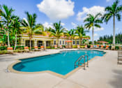 Thumbnail 14 of 33 - A large swimming pool surrounded by palm trees and lounge chairs.