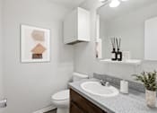 Thumbnail 10 of 22 - A bathroom with a white toilet, a sink, and a mirror.