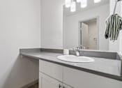 Thumbnail 21 of 38 - A bathroom with a sink and mirror.