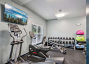 Thumbnail 10 of 17 - A gym with a row of dumbbells and a treadmill.