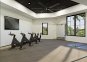 Thumbnail 28 of 37 - A room with a row of stationary bikes and a television mounted on the wall.