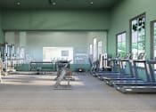 Thumbnail 30 of 37 - A gym with a variety of equipment including treadmills, weights, and exercise machines.
