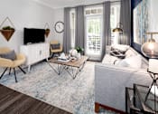 Thumbnail 1 of 25 - A living room with a grey sofa, a wooden chair, a white cabinet, a TV, a clock, and a rug.