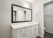 Thumbnail 16 of 17 - A bathroom with a white counter and a mirror.