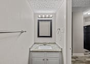 Thumbnail 42 of 54 - A bathroom with a sink and a mirror.