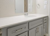 Thumbnail 11 of 28 - a bathroom with gray cabinets and white countertops