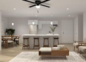 Thumbnail 5 of 19 - A modern living room with a bar area and a dining table.