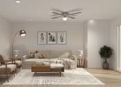 Thumbnail 6 of 19 - A modern living room with a white sofa, a wooden coffee table, and a ceiling fan.