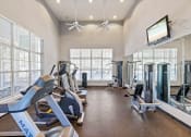 Thumbnail 23 of 30 - A gym with a variety of equipment including treadmills, stationary bikes, and weight machines.
