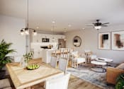 Thumbnail 1 of 16 - A modern living room with a dining table and chairs.