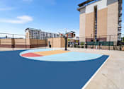 Thumbnail 19 of 31 - A basketball court with a blue surface and a red, white and blue circle in the middle.