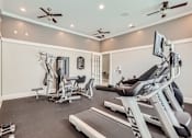Thumbnail 33 of 37 - A spacious home gym with a treadmill, exercise bike, and other equipment.
