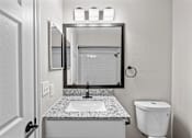 Thumbnail 50 of 54 - A bathroom with a sink, mirror, and toilet.