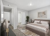 Thumbnail 6 of 22 - A bedroom with a large bed and a painting on the wall.