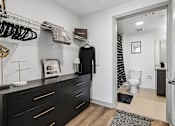 Thumbnail 14 of 34 - A black and white bathroom with a black cabinet and a white toilet.