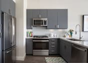 Thumbnail 8 of 43 - grey kitchen appliances and grey cabinets in kitchen