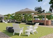 Thumbnail 35 of 37 - A patio with white chairs and a table is surrounded by a garden.