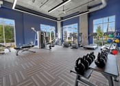 Thumbnail 13 of 17 - a gym with weights and other exercise equipment in a building with large windows