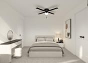 Thumbnail 11 of 19 - A bedroom with a bed, nightstand, and a ceiling fan.
