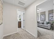 Thumbnail 22 of 37 - A living room with a grey couch and a white door.