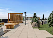Thumbnail 11 of 35 - A modern outdoor seating area with benches and a wooden structure.