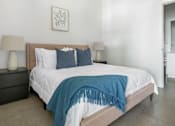 Thumbnail 3 of 11 - A bedroom with a bed, two lamps, and a framed picture on the wall.