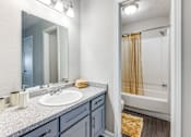 Thumbnail 16 of 27 - a bathroom with a sink and a mirror and a shower