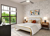 Thumbnail 6 of 25 - A bedroom with a large bed, a ceiling fan, and a window with blinds.