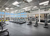 Thumbnail 9 of 31 - A gym with treadmills, elliptical machines, and a fan.