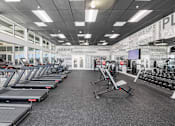 Thumbnail 11 of 31 - A gym with treadmills and weights is clean and empty.