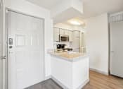 Thumbnail 7 of 40 - A white kitchen with a white door and a white counter.
